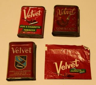 Four Different Vintage Velvet Pipe And Cigarette Tobacco Tins And Pouch
