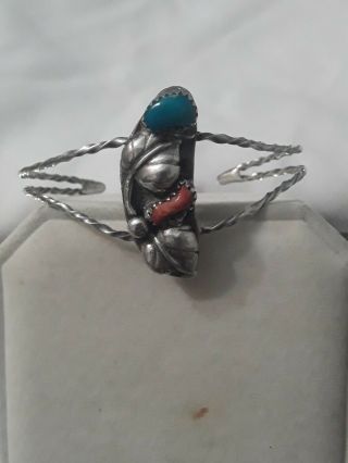 Native America Vintage Jh Sterling Cuff Bracelet With Turquoise Coral