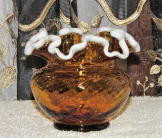 Vintage Fenton Glass Amber Snow Crest Swirl Pattern Vase Circa 1951