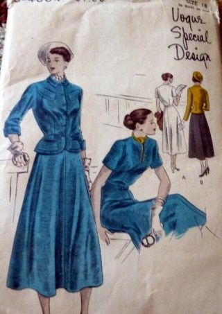 Lovely Vtg 1940s Dress & Jacket Vogue Special Design Sewing Pattern 18/36 Ff