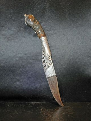 Old Piha Kaetta Knife Of Sri Lanka,  Xviii°,  Local Silver And Horn,  Large Size