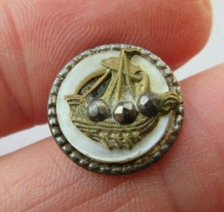 Wonderful Small Antique Vtg Carved Mop Shell Steel Cup Button Sailboat Ship (n)