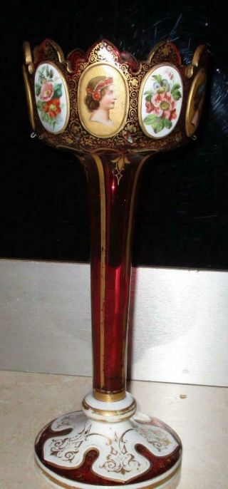 Victorian Antique Ruby Cranberry Bohemian Glass Lustre Painted With Portrait