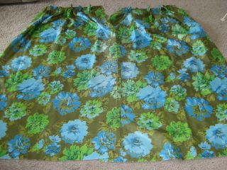 Retro Vintage 60s Pinch Pleat Curtains Blue Green Floral 25 x 62 inches Hippie 2