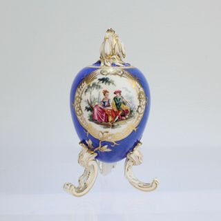 Antique Dresden Porcelain Egg Shaped Tea Caddy - Powder Blue Ground Rococco Pc 2