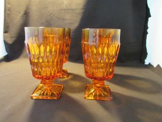Vintage Amber Depression Glass Goblets Square Footed Detailed Design 4 Matching
