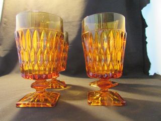 Vintage Amber Depression Glass Goblets Square Footed Detailed Design 4 matching 2