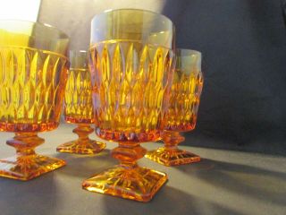Vintage Amber Depression Glass Goblets Square Footed Detailed Design 4 matching 3