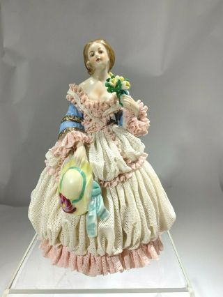 Very Rare 19th Dresden Volkstedt Porcelain Lace Figurine " Duchess With Hat "