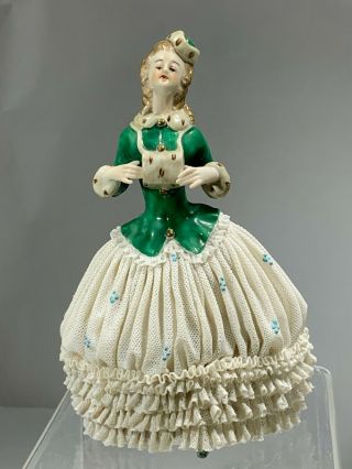 Very Rare 19th Dresden Volkstedt Porcelain Lace Figurine " Girl With Purse "