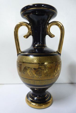 Vintage I.  Spyropoulos Greece 24 K Ct Gold Ceramic Pottery Grecian Vase Urn Ewer
