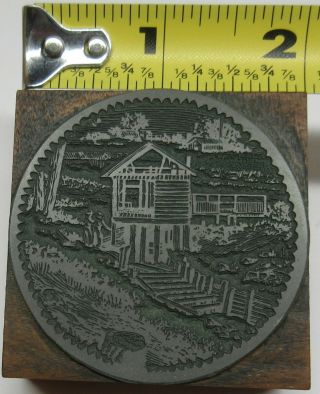 Vintage Wood & Metal Print Block Ink Stamp House By A Stream