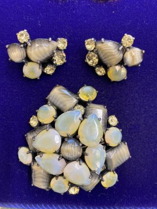 Fine Antique Shiaparelli Costume Jewelry Brooch Pin Earrings Yellow Opalescent