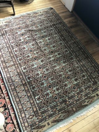 4x5 Light Blue Green Vintage Persian Rug Hand Knotted Wool Handmade 3’10x5’7