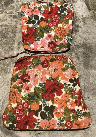 Vintage Mid Century Chair Pad Floral Cushion Set Tie On Back & Bottom Patio
