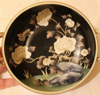 Vintage Antique Hand Painted Nippon Handle Bowl Dish Black White Flowers