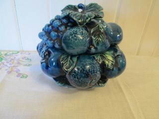 Vintage Inarco Indigo Blue Fruit Covered Jar Grapes 6 " Tall About 7 " Diameter