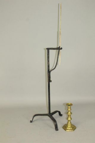 A Very Rare 18th C American Wrought Iron Splint & Rushlight In Old Black Paint
