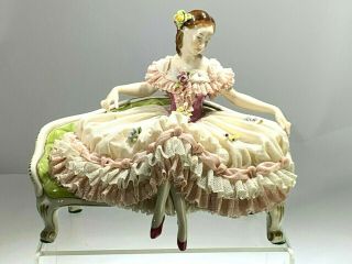 19th Early Dresden Volkstedt Porcelain Lace Figurine Countess Sitting On Bench