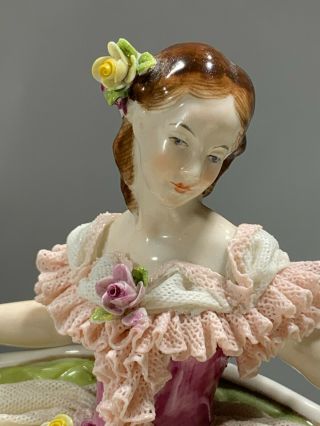 19th Early Dresden VOLKSTEDT Porcelain Lace Figurine Countess Sitting on Bench 3