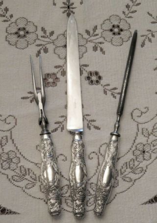 Chrysanthemum 3 Piece Sterling Silver Large Carving Set By Tiffany & Co.  1880