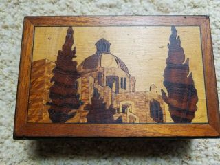 Vintage Cathedral Church Scene Marquetry Inlaid Inlay Wood Box.  Italy?