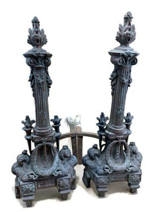 Pair French Torch Antique Bronze Ormolu Louis Xvi Andirons Chenets Fire Place