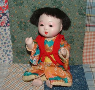 Vintage 8 " Oriental Baby Doll,  Composition,  Glass Eyes,  Silk Kimono