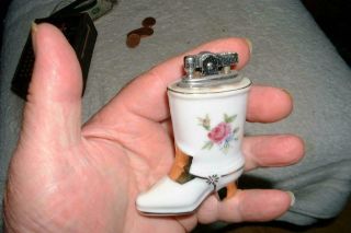 Vintage Porcelain Cowboy Boot Pink Rose Table Cigarette Lighter Japan