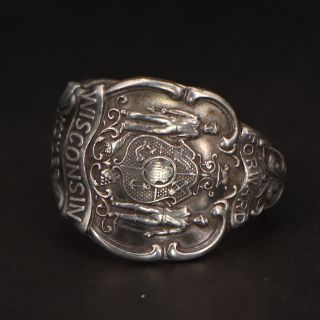 Vtg Sterling Silver - Wisconsin State Seal Spoon Handle Ring Size 12 - 12.  5g