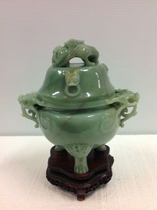 Antique CHINESE carved CELADON JADE TRIPOD CENSER w/ wood stand 3
