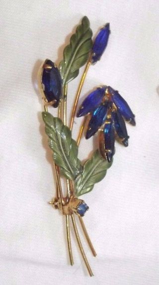 Vintage 3.  5 " Big Brilliant Blue Rhinestone & Enamel Flower Brooch Pin