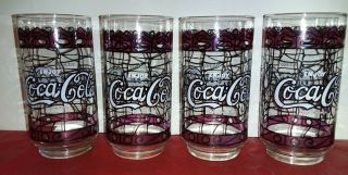 Set Of 4 Vintage Enjoy Coca Cola Purple Stained Glass Drinking Glasses.