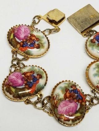 Vintage Fragonard Limoges Porcelain Courting Couple Panel Gold Tone Bracelet 3