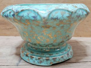 Vintage Pioneer Pottery Co.  Turquoise With 22kt.  Gold Flowers Planter Bowl Vase
