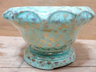 Vintage Pioneer Pottery Co.  Turquoise with 22kt.  Gold Flowers Planter Bowl Vase 2
