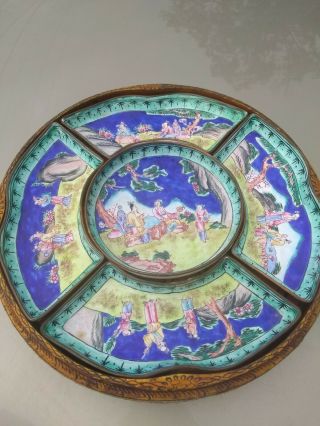 Rare Antique Chinese Beijing Peking Enamel Set In Embroidered Case