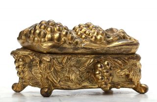 Vtg Victorian Art Nouveau Grapes Gold Ormolu Metal Casket Jewelry Trinket Box