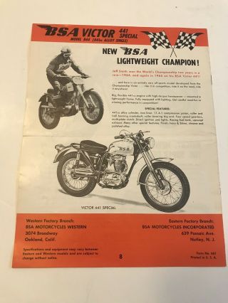 Vintage BSA Victor Motorcycle 441 Special Model B44 Form 661 Dealer Flyer A2659 3