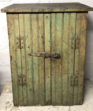 Antique 1880s Primitive Green Paint Small Cupboard Cabinet Double Door 29” Tall