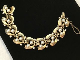 Trifari Bracelet Pearl Rhinestone Flower Gold Tone Vintage Bride Rockabilly