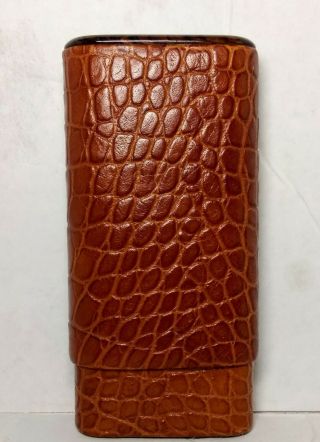 Atoll U.  S.  A.  2 - 3 Cigar Case Brown Italian Leather Cedar Lining Exotic Wood Top