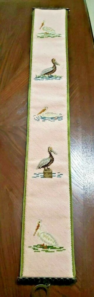 Vintage Brass Pull Needlepoint Wall Hanging Tropical Birds,  Tapestry 37 × 5