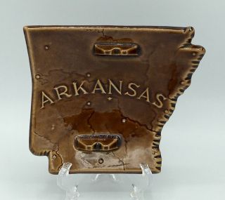 Vintage Arkansas State Shape Pottery Souvenir Ashtray,  Cities On Back,  Brown