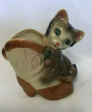 Vintage Royal Copley Cat With Cowboy Boot 7.  5 " X 7.  5 " X 4 "