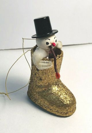 Vtg Spun Cotton Snowman W/ Top Hat & Long Cigar Sitting In Gold Glitter Boot