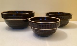 Vintage Stoneware Glazed Mixing Bowl Set Of 3 - Brown - Nesting Mixing Bowls Usa