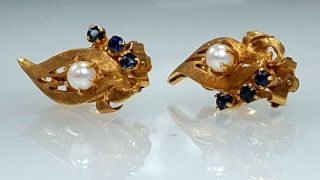 Vintage & Antique 14k Yellow Gold Pearl & Sapphire Earrings With French Clip