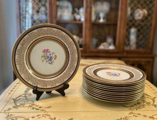 Antique Edgerton Pickard Hand - Painted Dinner Plates Gold Encrusted,  Set Of 12