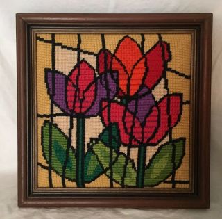 Vintage Framed Needlepoint Finished Padded Tulips Mod Bright Colors 20016
